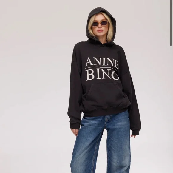 NWT Anine Bing $220 Faded Black/Grey Logo Hoodie XXS (VERY oversized) 23” PTP - Picture 4 of 11